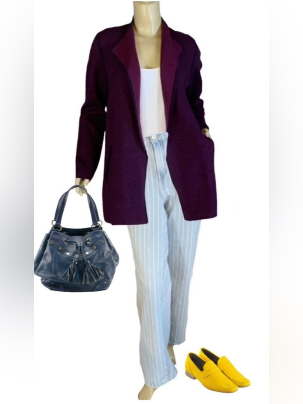 TALBOTS BURGUNDY & NAVY BLUE POCKETED OPEN FRONT MERINO WOOL CARDIGAN (M)